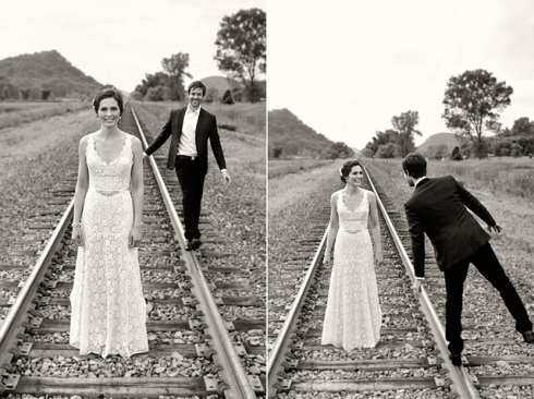 bride and groom on train tracks in red wing mn wedding