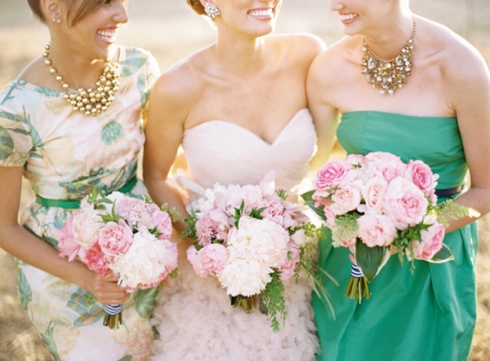 pink and green floral print and solid bridesmaid dresses