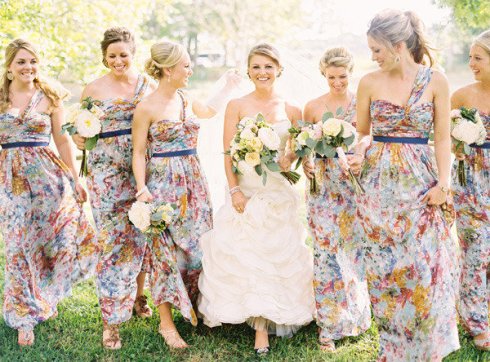 colorful one shoulder print long bridesmaid dresses